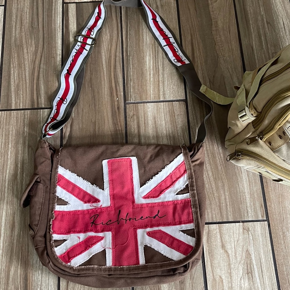 Brown Canvas Messenger Bag with Red & White Flag Detail